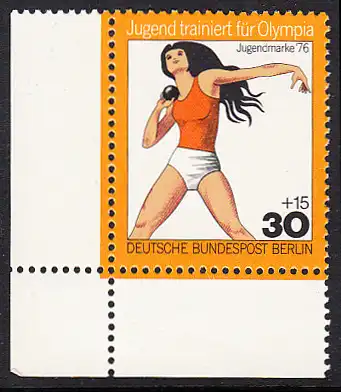 BERLIN 1976 Michel-Nummer 517 postfrisch EINZELMARKE ECKRAND unten links - Jugend trainiert für Olympia: Kugelstoßen, Frauen