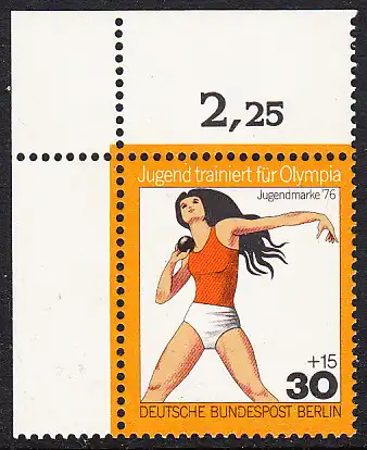 BERLIN 1976 Michel-Nummer 517 postfrisch EINZELMARKE ECKRAND oben links - Jugend trainiert für Olympia: Kugelstoßen, Frauen