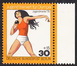 BERLIN 1976 Michel-Nummer 517 postfrisch EINZELMARKE RAND rechts - Jugend trainiert für Olympia: Kugelstoßen, Frauen