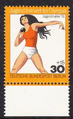 BERLIN 1976 Michel-Nummer 517 postfrisch EINZELMARKE RAND unten - Jugend trainiert für Olympia: Kugelstoßen, Frauen