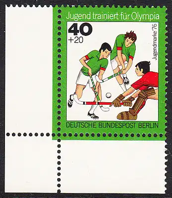BERLIN 1976 Michel-Nummer 518 postfrisch EINZELMARKE ECKRAND unten links - Jugend trainiert für Olympia: Hockey