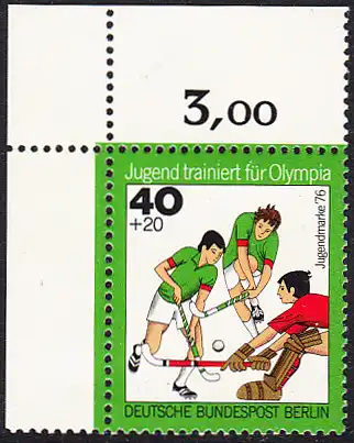 BERLIN 1976 Michel-Nummer 518 postfrisch EINZELMARKE ECKRAND oben links - Jugend trainiert für Olympia: Hockey