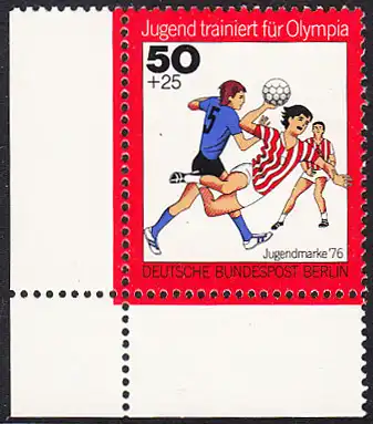 BERLIN 1976 Michel-Nummer 519 postfrisch EINZELMARKE ECKRAND unten links - Jugend trainiert für Olympia: Handball