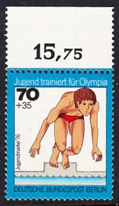 BERLIN 1976 Michel-Nummer 520 postfrisch EINZELMARKE RAND oben (a) - Jugend trainiert für Olympia: Schwimmen (Startsprung)