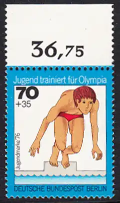 BERLIN 1976 Michel-Nummer 520 postfrisch EINZELMARKE RAND oben (b) - Jugend trainiert für Olympia: Schwimmen (Startsprung)