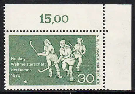 BERLIN 1976 Michel-Nummer 521 postfrisch EINZELMARKE ECKRAND oben rechts - Hockey-Weltmeisterschaft der Damen, Berlin