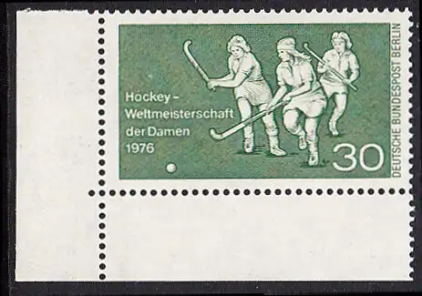 BERLIN 1976 Michel-Nummer 521 postfrisch EINZELMARKE ECKRAND unten links - Hockey-Weltmeisterschaft der Damen, Berlin