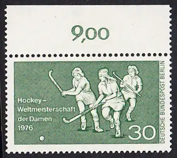 BERLIN 1976 Michel-Nummer 521 postfrisch EINZELMARKE RAND oben - Hockey-Weltmeisterschaft der Damen, Berlin