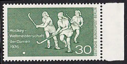 BERLIN 1976 Michel-Nummer 521 postfrisch EINZELMARKE RAND rechts - Hockey-Weltmeisterschaft der Damen, Berlin