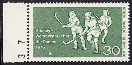 BERLIN 1976 Michel-Nummer 521 postfrisch EINZELMARKE RAND links (b) - Hockey-Weltmeisterschaft der Damen, Berlin