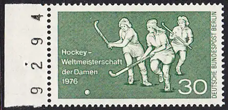 BERLIN 1976 Michel-Nummer 521 postfrisch EINZELMARKE RAND links (a) - Hockey-Weltmeisterschaft der Damen, Berlin