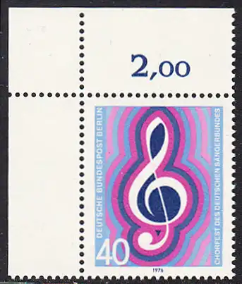 BERLIN 1976 Michel-Nummer 522 postfrisch EINZELMARKE ECKRAND oben links - Chorfest des Deutschen Sängerbundes, Berlin