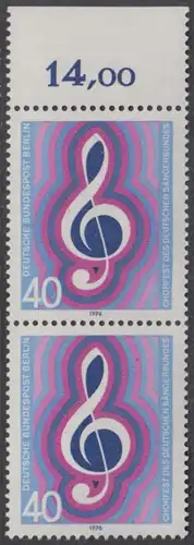 BERLIN 1976 Michel-Nummer 522 postfrisch vert.PAAR RAND oben - Chorfest des Deutschen Sängerbundes, Berlin