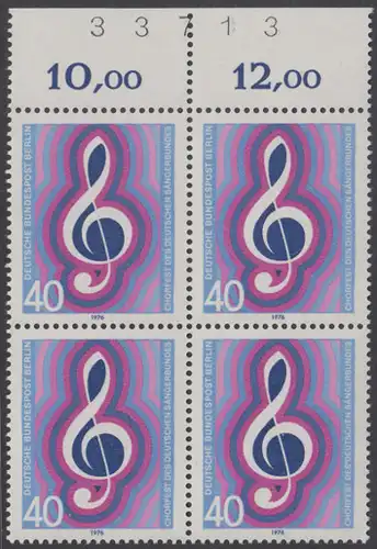 BERLIN 1976 Michel-Nummer 522 postfrisch BLOCK RÄNDER oben (a02) - Chorfest des Deutschen Sängerbundes, Berlin