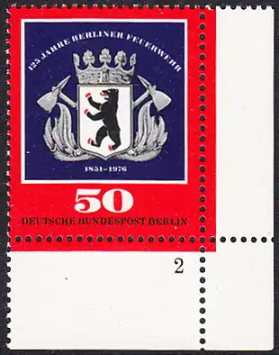 BERLIN 1976 Michel-Nummer 523 postfrisch EINZELMARKE ECKRAND unten rechts (b) - Berliner Feuerwehr