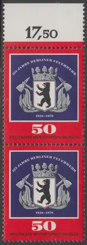 BERLIN 1976 Michel-Nummer 523 postfrisch vert.PAAR RAND oben - Berliner Feuerwehr
