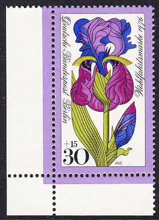 BERLIN 1976 Michel-Nummer 524 postfrisch EINZELMARKE ECKRAND unten links - Gartenblumen: Iris