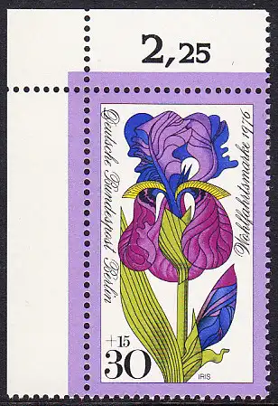 BERLIN 1976 Michel-Nummer 524 postfrisch EINZELMARKE ECKRAND oben links - Gartenblumen: Iris