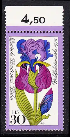 BERLIN 1976 Michel-Nummer 524 postfrisch EINZELMARKE RAND oben - Gartenblumen: Iris