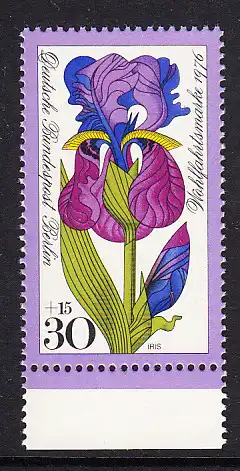 BERLIN 1976 Michel-Nummer 524 postfrisch EINZELMARKE RAND unten - Gartenblumen: Iris