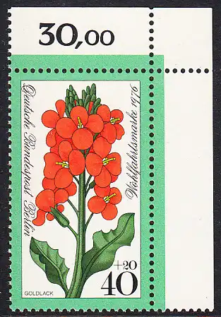 BERLIN 1976 Michel-Nummer 525 postfrisch EINZELMARKE ECKRAND oben rechts - Gartenblumen: Goldlack