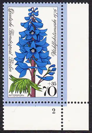 BERLIN 1976 Michel-Nummer 527 postfrisch EINZELMARKE ECKRAND unten rechts (FN) - Gartenblumen: Hoher Rittersporn