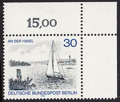 BERLIN 1976 Michel-Nummer 529 postfrisch EINZELMARKE ECKRAND oben rechts - Berlin-Ansichten: An der Havel
