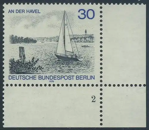 BERLIN 1976 Michel-Nummer 529 postfrisch EINZELMARKE ECKRAND unten rechts (FN) - Berlin-Ansichten: An der Havel