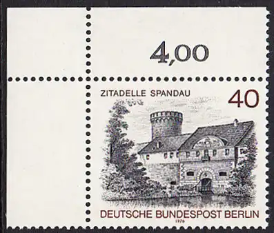 BERLIN 1976 Michel-Nummer 530 postfrisch EINZELMARKE ECKRAND oben links - Berlin-Ansichten: Zitadelle Spandau
