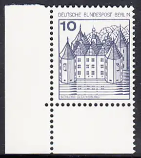BERLIN 1977 Michel-Nummer 532 postfrisch EINZELMARKE ECKRAND unten links - Burgen und Schlösser: Schloss Glücksburg