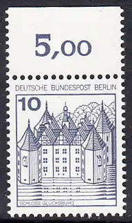 BERLIN 1977 Michel-Nummer 532 postfrisch EINZELMARKE RAND oben (d) - Burgen und Schlösser: Schloss Glücksburg