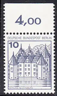 BERLIN 1977 Michel-Nummer 532 postfrisch EINZELMARKE RAND oben (c) - Burgen und Schlösser: Schloss Glücksburg