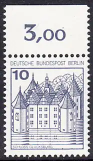BERLIN 1977 Michel-Nummer 532 postfrisch EINZELMARKE RAND oben (b) - Burgen und Schlösser: Schloss Glücksburg