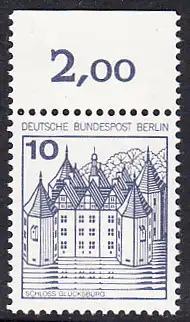 BERLIN 1977 Michel-Nummer 532 postfrisch EINZELMARKE RAND oben (a) - Burgen und Schlösser: Schloss Glücksburg