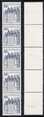 BERLIN 1977 Michel-Nummer 532 postfrisch vert.STRIP(5) m/ rücks.Rollennummer 450 - Burgen und Schlösser: Schloss Glücksburg