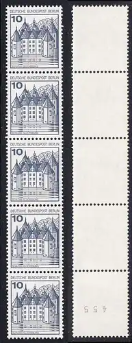 BERLIN 1977 Michel-Nummer 532 postfrisch vert.STRIP(5) m/ rücks.Rollennummer 455 - Burgen und Schlösser: Schloss Glücksburg