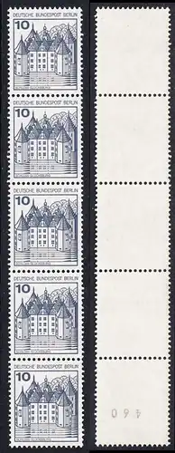 BERLIN 1977 Michel-Nummer 532 postfrisch vert.STRIP(5) m/ rücks.Rollennummer 460 - Burgen und Schlösser: Schloss Glücksburg