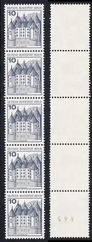 BERLIN 1977 Michel-Nummer 532 postfrisch vert.STRIP(5) m/ rücks.Rollennummer 465 - Burgen und Schlösser: Schloss Glücksburg