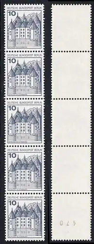BERLIN 1977 Michel-Nummer 532 postfrisch vert.STRIP(5) m/ rücks.Rollennummer 470 - Burgen und Schlösser: Schloss Glücksburg