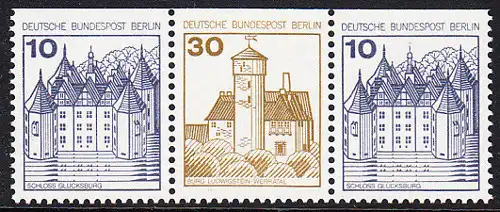 BERLIN 1977 Michel-Nummer 532C_534C_532C (W69) postfrisch horiz.STRIP(3) - Burgen und Schlösser: Schloss Glücksburg / Burg Ludwigstein, Werratal / Schloss Glücksburg