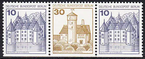 BERLIN 1977 Michel-Nummer 532D_534D_532D (W70) postfrisch horiz.STRIP(3) - Burgen und Schlösser: Schloss Glücksburg / Burg Ludwigstein, Werratal / Schloss Glücksburg