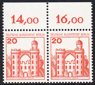 BERLIN 1977 Michel-Nummer 533 postfrisch horiz.PAAR RAND oben - Burgen und Schlösser: Schloss Pfaueninsel, Berlin