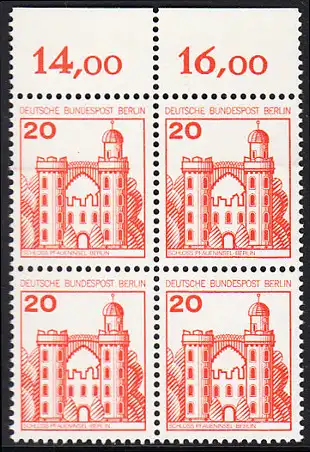 BERLIN 1977 Michel-Nummer 533 postfrisch BLOCK RÄNDER oben - Burgen und Schlösser: Schloss Pfaueninsel, Berlin