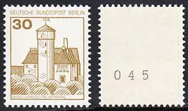 BERLIN 1977 Michel-Nummer 534 postfrisch EINZELMARKE m/ rücks.Rollennummer 045 - Burgen und Schlösser: Burg Ludwigstein, Werratal