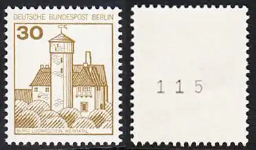 BERLIN 1977 Michel-Nummer 534 postfrisch EINZELMARKE m/ rücks.Rollennummer 115 - Burgen und Schlösser: Burg Ludwigstein, Werratal