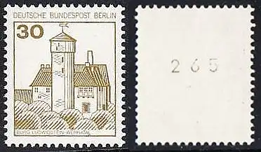 BERLIN 1977 Michel-Nummer 534 postfrisch EINZELMARKE m/ rücks.Rollennummer 265 - Burgen und Schlösser: Burg Ludwigstein, Werratal