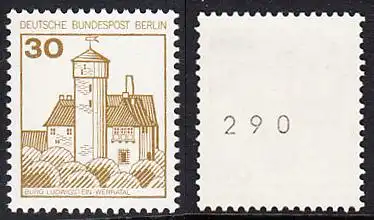 BERLIN 1977 Michel-Nummer 534 postfrisch EINZELMARKE m/ rücks.Rollennummer 290 - Burgen und Schlösser: Burg Ludwigstein, Werratal