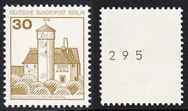 BERLIN 1977 Michel-Nummer 534 postfrisch EINZELMARKE m/ rücks.Rollennummer 295 (a) - Burgen und Schlösser: Burg Ludwigstein, Werratal