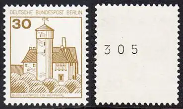 BERLIN 1977 Michel-Nummer 534 postfrisch EINZELMARKE m/ rücks.Rollennummer 305 - Burgen und Schlösser: Burg Ludwigstein, Werratal