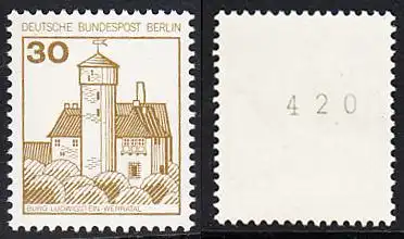 BERLIN 1977 Michel-Nummer 534 postfrisch EINZELMARKE m/ rücks.Rollennummer 420 - Burgen und Schlösser: Burg Ludwigstein, Werratal